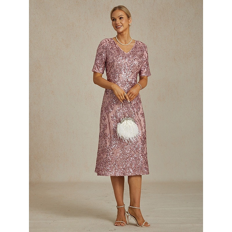 Women's Midi Dress Shift Dress Elegant Sequins Embroidered Glitter Sparkly Party Wedding Party Regular Fit Floral Short Sleeve V Neck Blush Pink Spring Fall Winter4