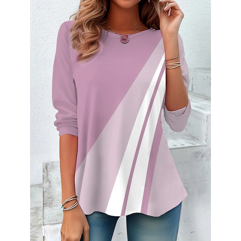 Women's T Shirt Graphic Geometric Striped Vintage Stylish Classic Long Sleeve Crew Neck Round Neck Regular Tops Daily Print Black Pink Blue Spring Fall Winter