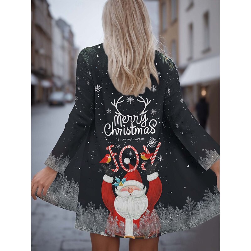 Women's Winter Coat Lightweight Comfortable Print Open Front Vintage Fashion Casual Snowman Vacation Casual Long Collarless Regular Fit Long Sleeve Outerwear Black Red Blue Spring Fall4