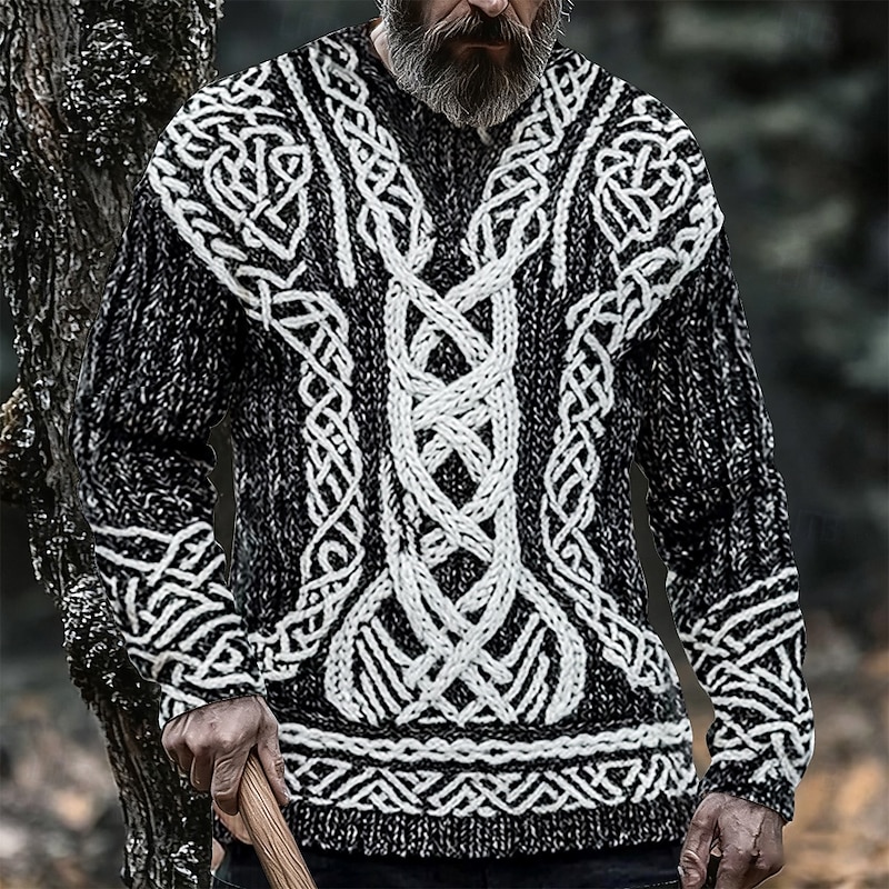 Men's Graphic Viking Pullover Sweater Jumper Knitwear Crewneck Retro Vintage Casual Vacation Street Daily 3D Print Knitting Keep Warm Long Sleeve Spring Fall Winter White Blue Brown