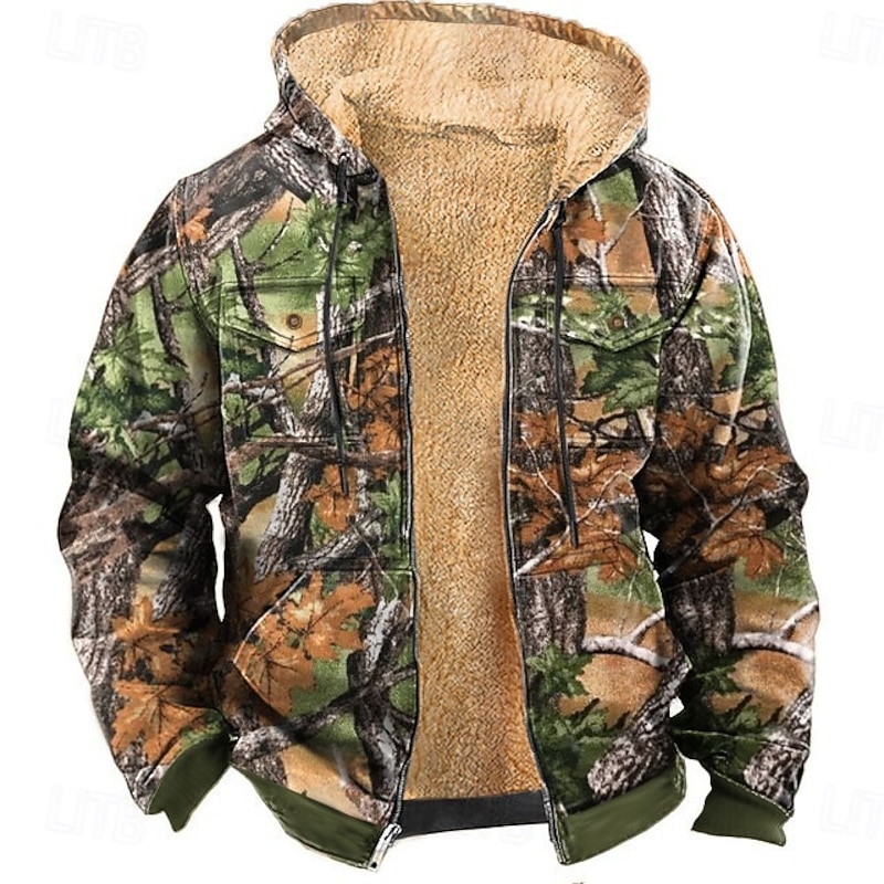 Men's Camo Camouflage Fleece Hoodie Jacket Fashion Cool Hooded Hunting Blue Purple Zipper Pocket Fall Winter Designer