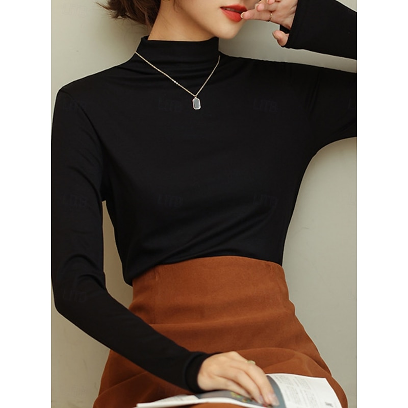 Women's Blouse Solid Color Stylish Casual Long Sleeve High Neck Regular Tops Daily Black White Blue Brown Khaki Fall Winter2