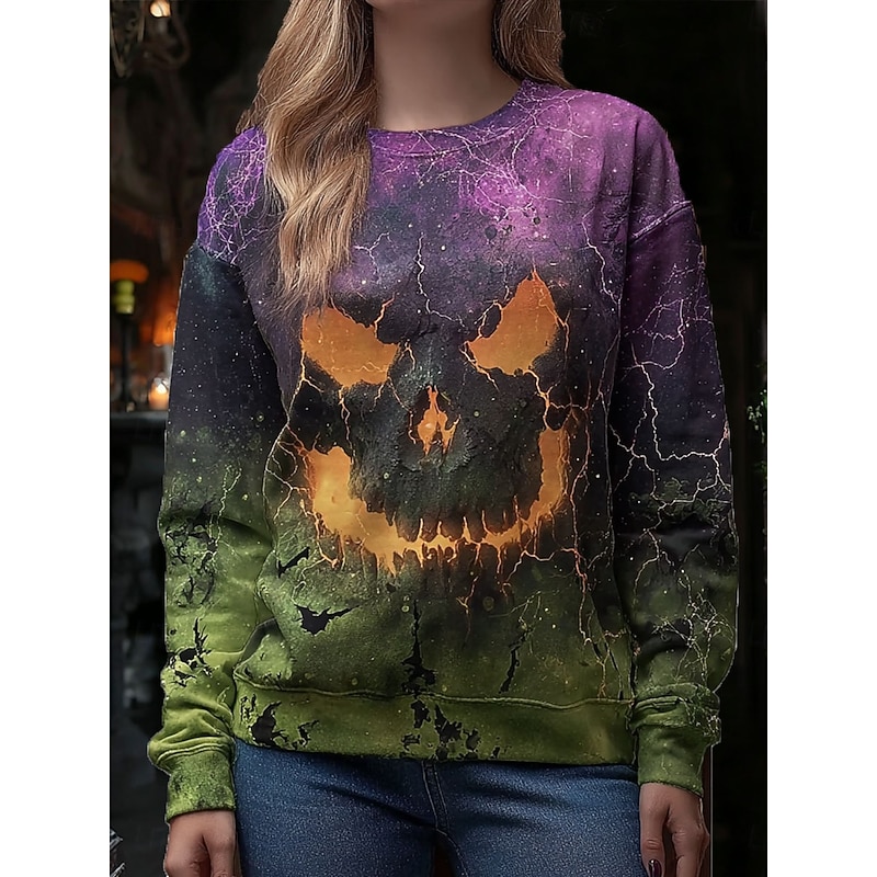 Women's Pullover Graphic Pumpkin Halloween Casual Long Sleeve Crew Neck Regular Tops Street Dailywear Casual Print Purple Fall Winter