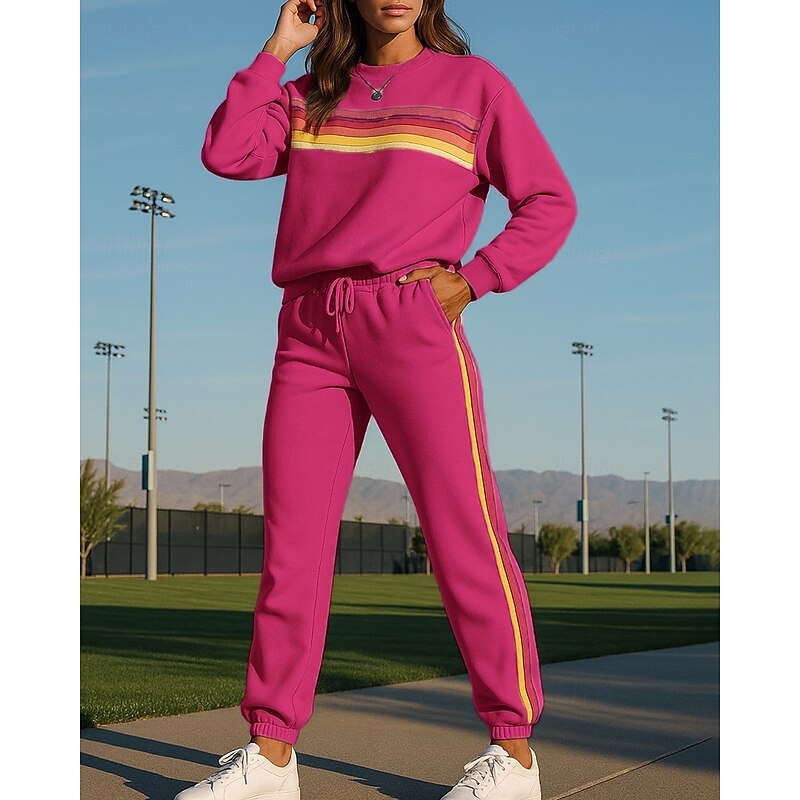 Women's 2 Piece Tracksuit Sweatsuit Sets Sportswear with Pocket Striped Clothing Suit Fall Dark Pink White Vocation Outdoor Travel Lightweight Fashion Long Sleeve Sport Activewear Micro-elastic4