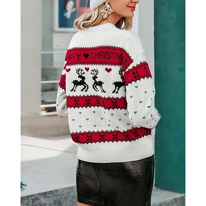 Women's Christmas Sweater Fair Isle Sweater Pullover Fashion Casual Reindeer Ribbed Crew Neck Knitted Print Long Sleeve Regular Tops Knit Christmas Outdoor Daily Red Fall Winter3