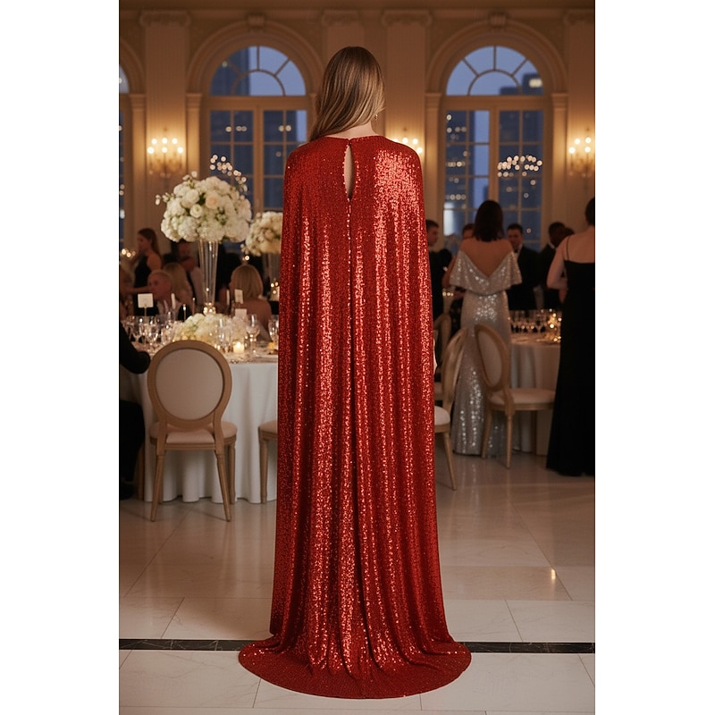 Formal Cape Dress Sheath / Column Red Glittered Detachable Evening Gown Elegant Dress Wedding Sweep / Brush Train Sleeveless Strapless Sequined with Ruched Slit 20252