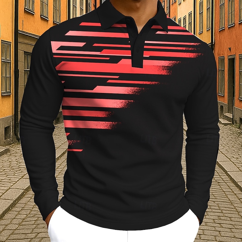 Men's Abstract Geometic Polo Long Sleeve Polo Shirts Lapel Casual Street Athleisure Daily Wear 3D Print Buttons Spring Fall Winter Lake blue Yellow Red4