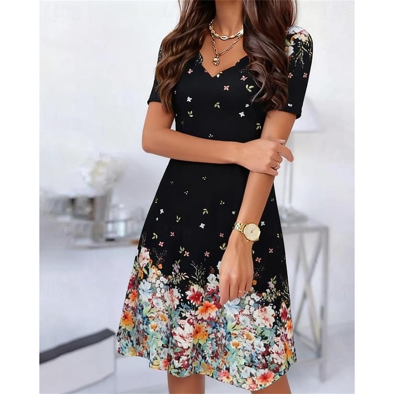 Women's Mini Dress Black Dress Casual Dress Summer Dress Elegant Fashion Romantic Outdoor Evening Party Date Regular Fit Floral Short Sleeve V Neck Black Summer Spring