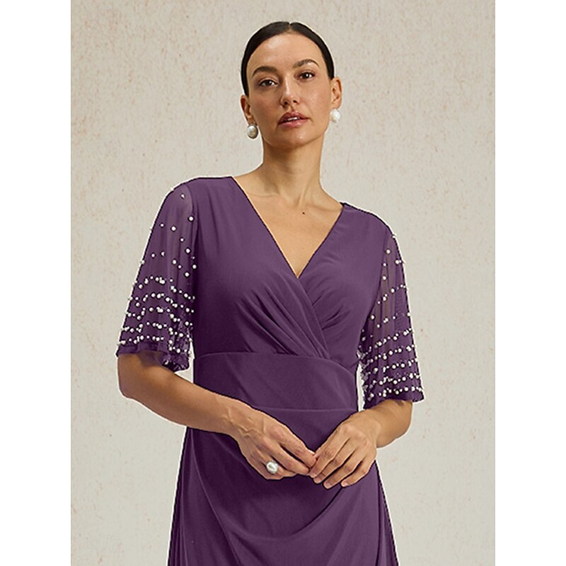 Women's Maxi Dress Sheath Dress Elegant Solid Color Short Sleeve V Neck Purple Summer Spring Fall3