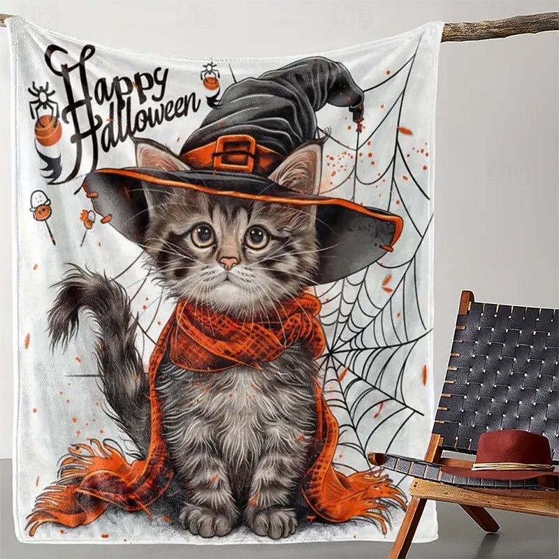 Halloween Fleece Throw Blanket for Couch Witch Cat Cute 3D Party Sofa Bed Decorative Warm Blanket Home Decor