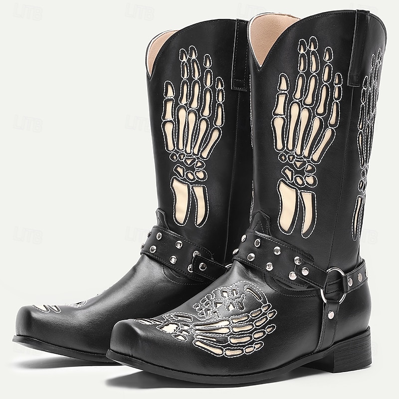 Men's Black Western Cowboy Boots with Skeleton Bone Embroidery – Gothic Rock Style Tall Boots for Halloween Parties, Cosplay, Nightlife Stage Performances and Festival Wear4