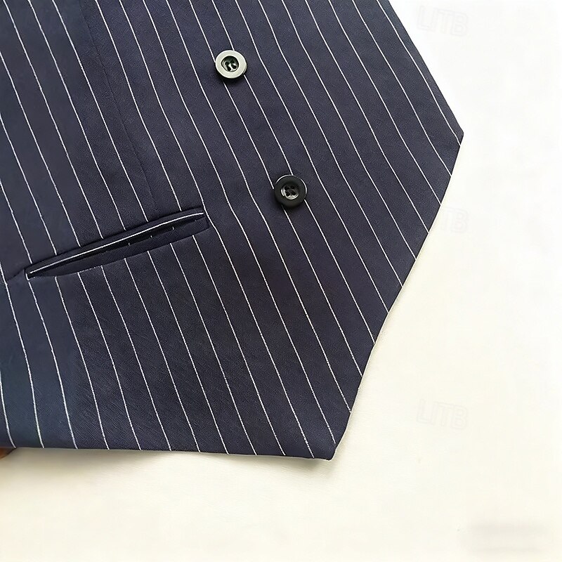 Men's Vest Waistcoat Gilet Vacation Party Business Fashion Casual Spring Fall Pocket Buttons Polyester Comfortable Stripes Double Breasted V Neck Regular Fit Navy Blue Vest3