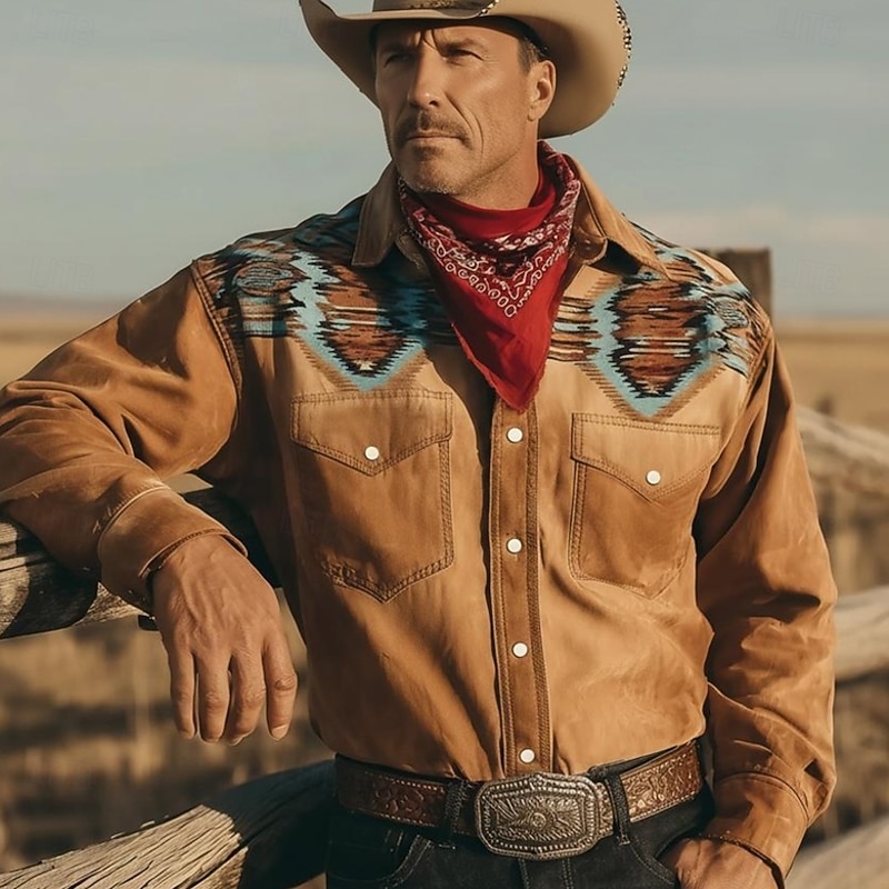 Men's Aztec Geometric Pattern Ethnic Shirt Western Shirt Cowboy Shirt Long Sleeve Vintage Retro Outdoor Casual WorkWear Spring Fall Turndown Front Two Pockets Linen Like Shirt Button Up Shirts Blue