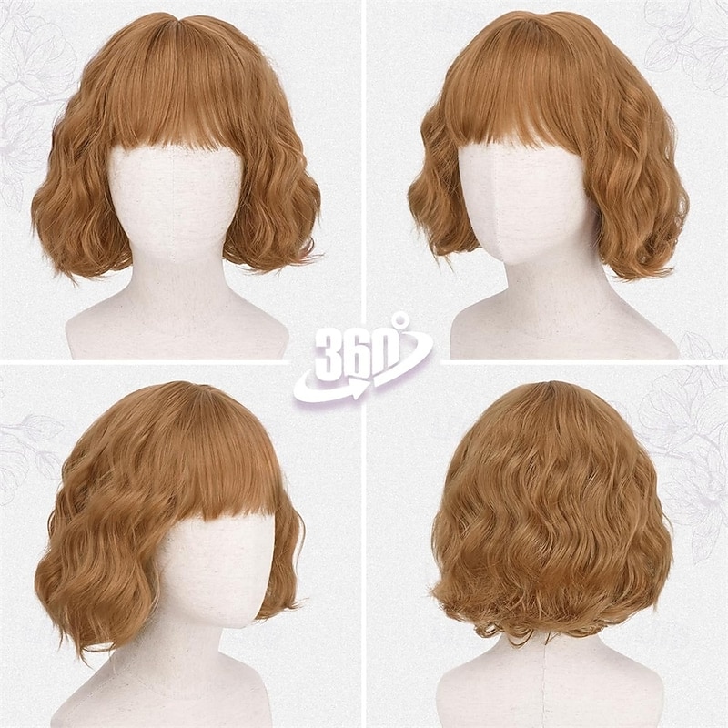 Short Wavy Golden Ginger Wig with Bangs - Short Golden Ginger Bob Wigs for Women - Curly Wavy Textured French Bob Wig with Bangs Soft Synthetic Natural Looking Face-Framing Daily2