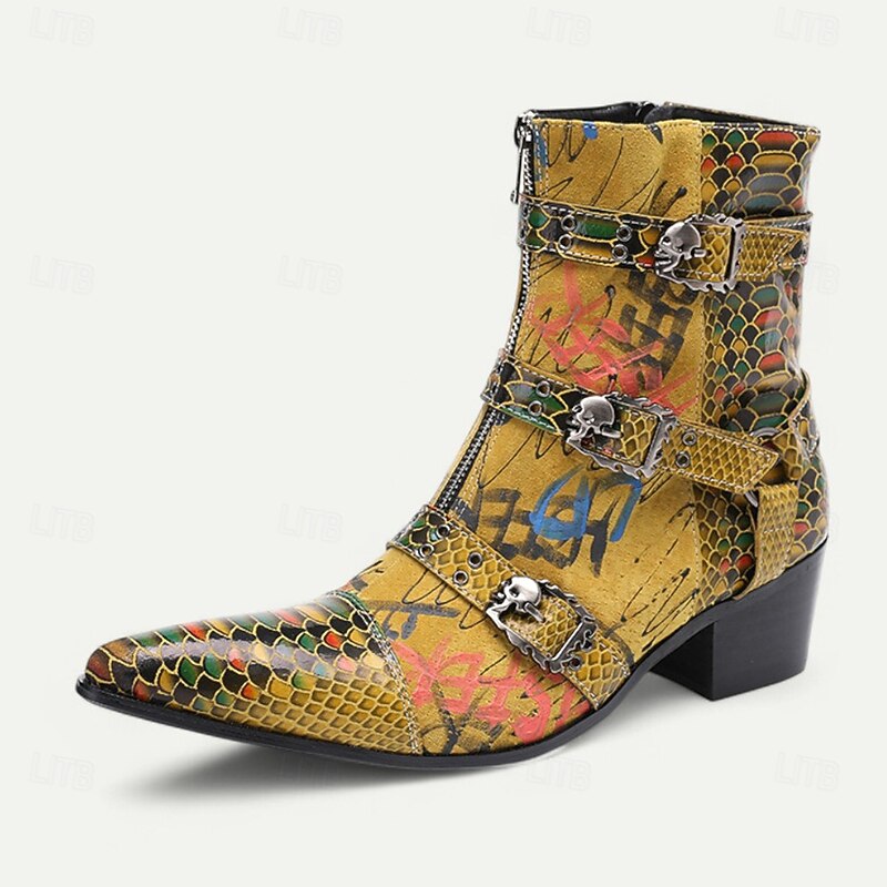 Men's Bold Snake Print Leather Boots – Yellow Multicolor Genuine Cowhide with Triple Buckle Straps, Pointed Toe for Stage Shows, Festivals and Party Outfits2