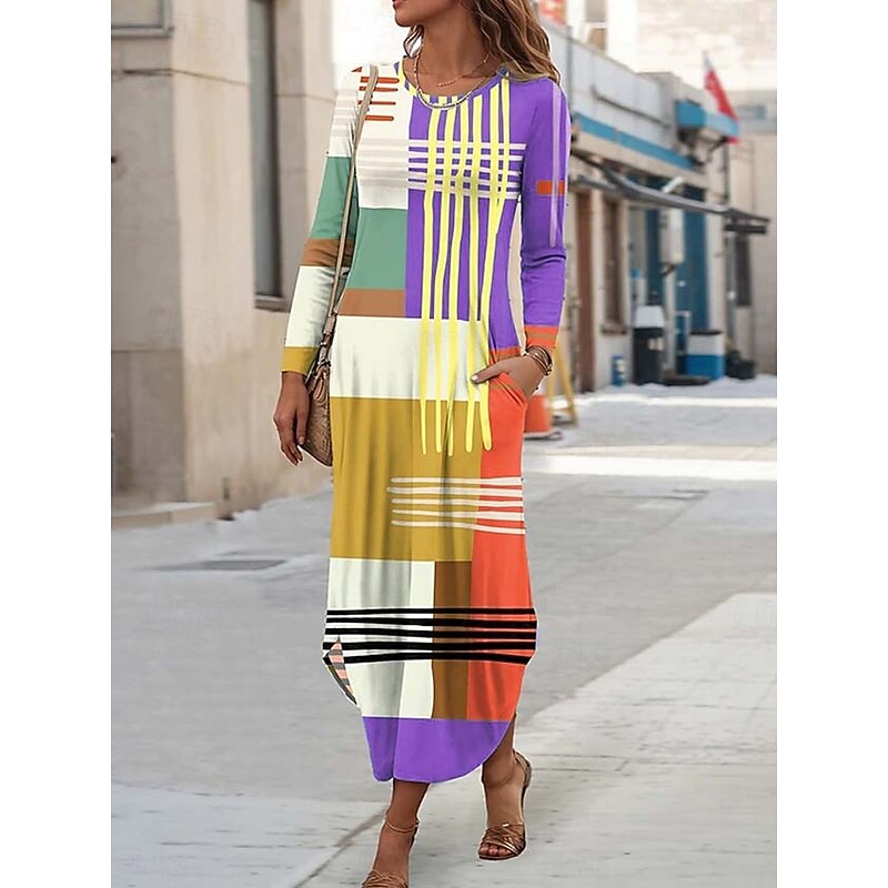 Women's Midi Dress Sheath Dress T Shirt Dress Tee Dress Vacation Casual Boho Holiday Date Regular Fit Graphic Geometric Abstract Long Sleeve Crew Neck Yellow Pink Blue Purple Spring Fall Winter Autumn2