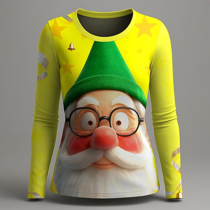 Christmas Women's T Shirt Graphic Santa Claus Christmas Fashion Casual Long Sleeve Crew Neck Regular Tops Daily Weekend Print White Yellow Red Summer Spring Fall