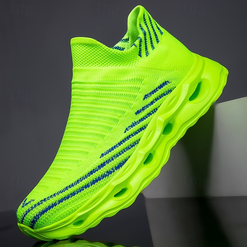 Men's Neon Green Flyknit Sneakers – Lightweight Breathable Mesh Running Shoes for Athletes, Fitness Training and Daily Sportswear