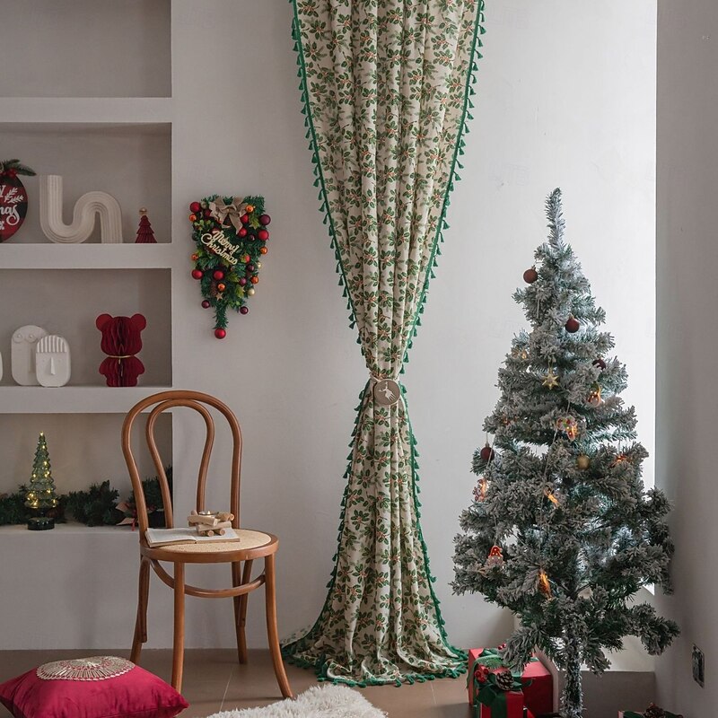 Green Christmas Foil Holly Leaf Curtain, Semi-Blackout Rod Pocket Window Drapes for Kitchen, Bay Window, and Balcony2