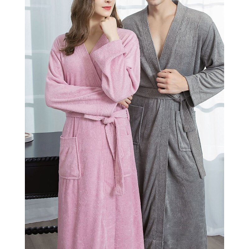 Women's Pajamas Robe Casual Pure Color Pocket Home Bed Long Sleeve V Neck White Pink Navy Blue Blue Gray Fall Winter Tailored Fit