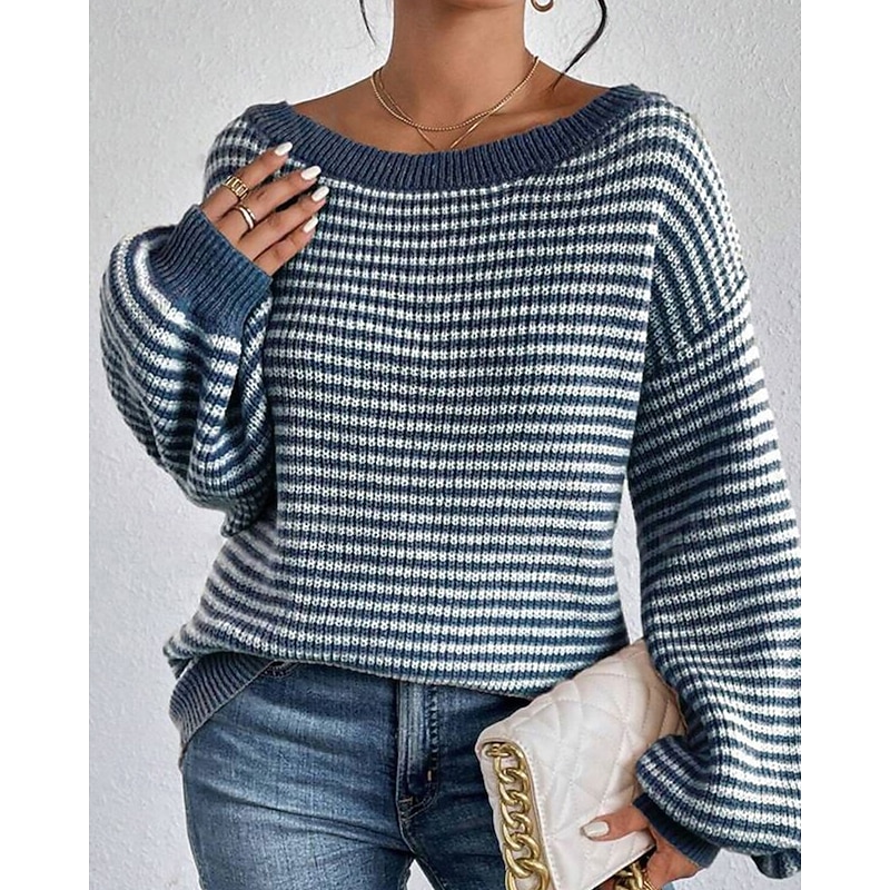 Women's Sweater Pullover Streetwear Casual Striped Off Shoulder Knitted Long Sleeve Regular Tops Knit Holiday Going out Weekend Black Red Fall Winter4