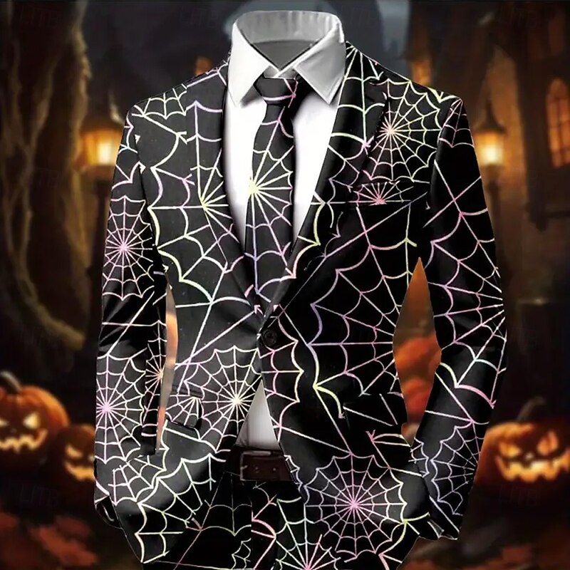Men's Spider web Blazer Jacket Coat Comfortable Breathable Artistic Casual Party Daily Festival 3D Print Buttons Multi Pocket Fall & Winter Flat collar Long Sleeve Black Red Purple2
