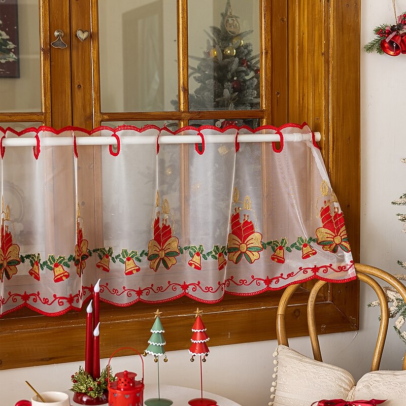 Christmas Red Half Curtain American Style Door Curtain Cafe Curtain, Embroidered Lace Semi Blackout Window Treatment for Holiday Decoration4