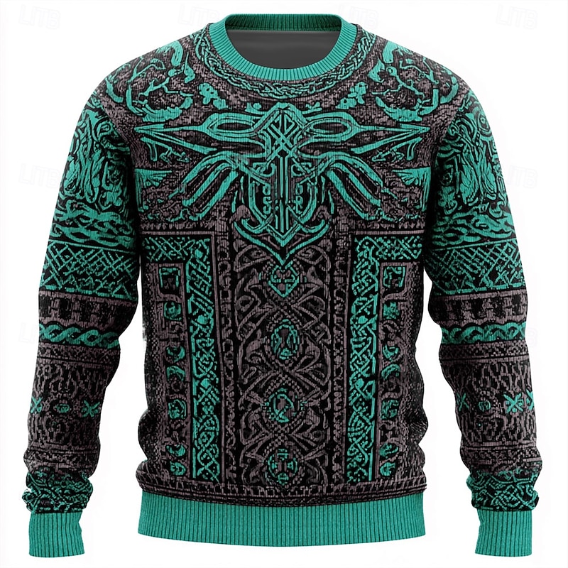 Men's Viking Pullover Sweater Jumper Knitwear Crewneck Retro Vintage Casual Vacation Daily 3D Print Knitting Keep Warm Long Sleeve Spring Fall Winter Violet Blue Brown3