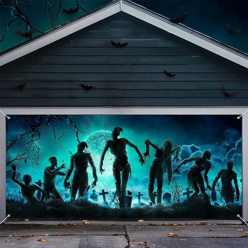 Halloween Tapestry Garage Door Cover Large Hanging Backdrop Zombies Cemetery 3D Dark Punk Gothic Style Party Outdoor Shooting Backgrounds Yard Haunted House Home Decor