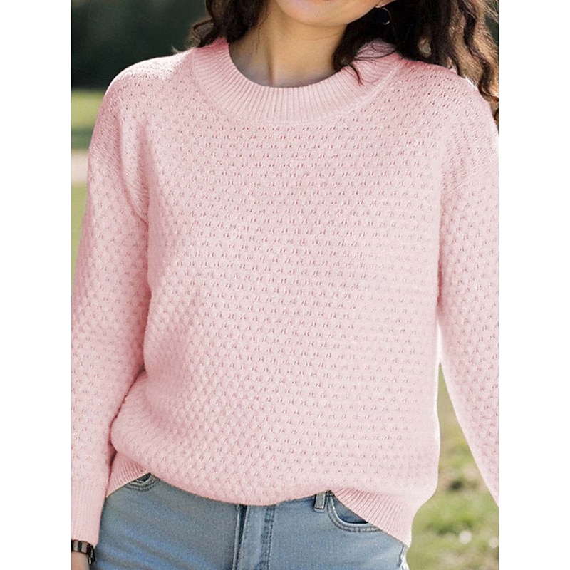 Women's Pullover Elegant Fashion Streetwear Solid Color Chunky Crew Neck Knitted Textured Long Sleeve Regular Tops Knit Formal Outdoor Home Pink Blue Spring Fall