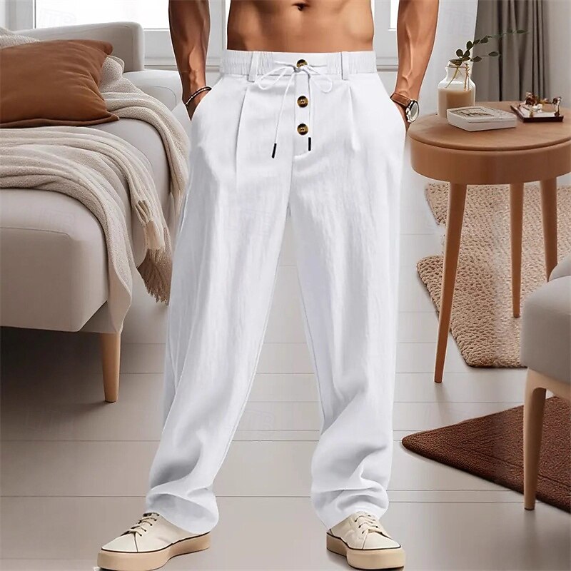 Men's Linen Pants Trousers Summer Pants Beach Pants Pocket Buttons Plain Comfort Breathable Vacation Daily Holiday Hawaiian Boho Black White
