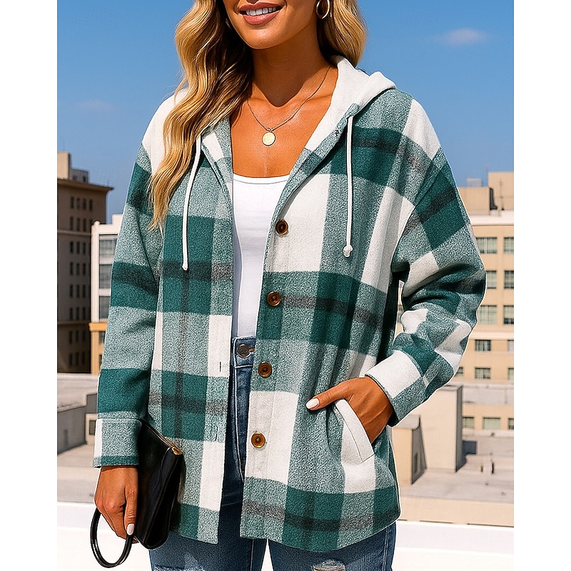 Women's Hoodie Jacket Long Coat Drawstring with Pockets Long Sleeve Top Athleisure Fall Plaid Checkered Cotton Hiking Outdoor Travel Sportswear Activewear Black Red Blue4