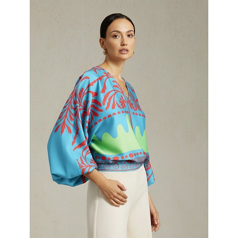 Women's Top Satin Sky Blue Floral Vacation Print Lantern Sleeve V Neck Spring Autumn Casual3