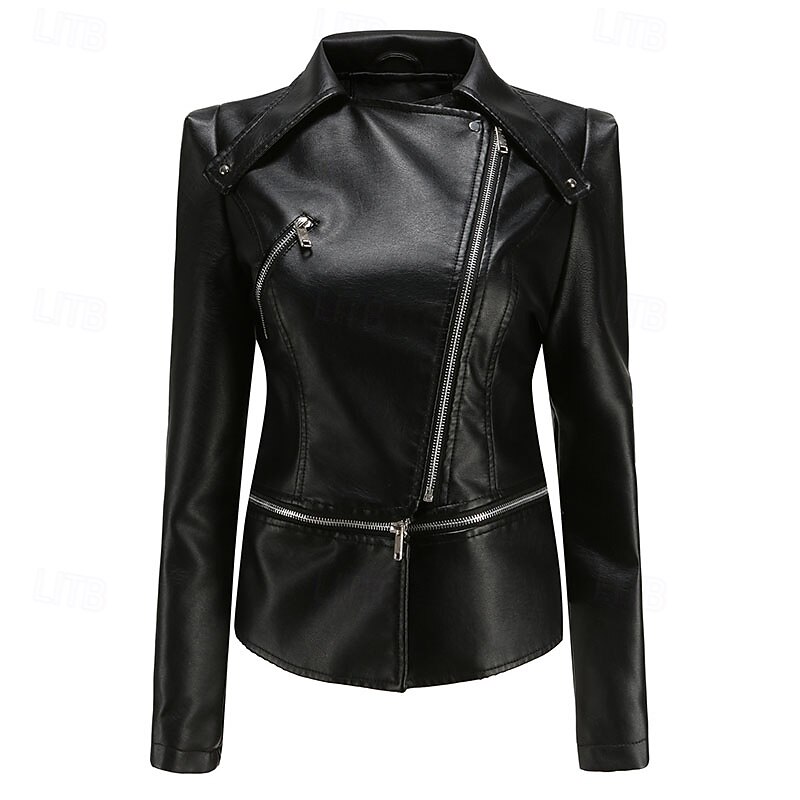 Women's Faux Leather Jacket Comfortable Patchwork Zipper Casual Solid Color Vacation Street Casual Daily Wear Regular Turndown Regular Fit Long Sleeve Outerwear Black Wine Camel Spring Fall3