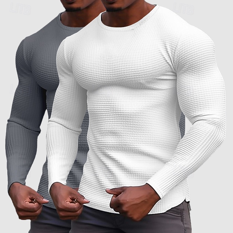 Men's Waffle Shirt T Shirt Tee Top Long Sleeve Shirt Long Sleeve Crew Neck Spring &  Fall All Seasons Plain Fashion Designer Basic 2 Piece Knitted Vacation Street Casual Dark Blue+White Blue / Green3