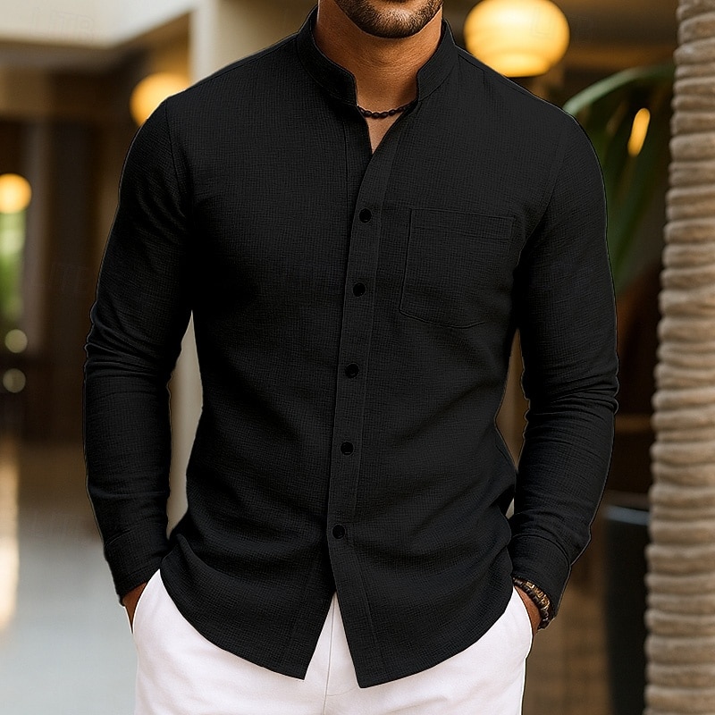 Men's Shirt Waffle Shirt Casual Shirt Band Collar Shirt Button Up Shirt Black White Wine Green khaki Long Sleeve Plain Mandarin Collar Daily Going out Clothing Apparel Fashion Modern Casual2