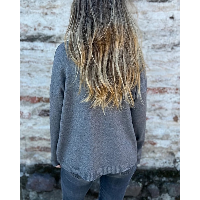 Women's Sweater Fashion Streetwear Casual Pure Color Ribbed Turtleneck Knitted Long Sleeve Regular Tops Knit Outdoor Daily Weekend Dark Gray Fall Winter2