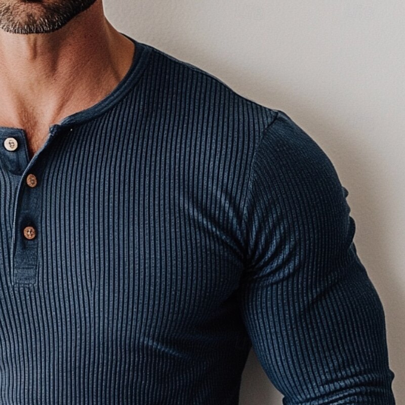 Men's T Shirt Henley Shirt Ribbed Knit tee Tee Top Long Sleeve Plain Pit Strip Solid Fashion Designer Basic Knitting Henley Vacation Street Casual Spring Fall Winter Navy Blue Henley T-Shirt2
