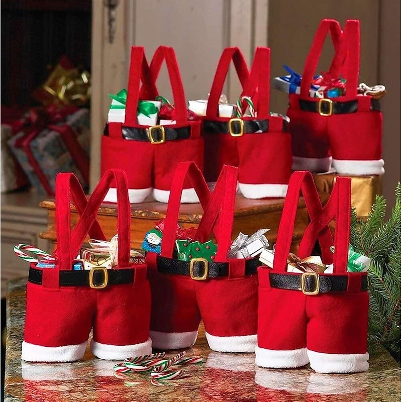 6PCS Christmas Decorations Gift Bags Candy Bags Santa Pants Style Lovely Treat Bags for Wedding Holiday New Year Holiday