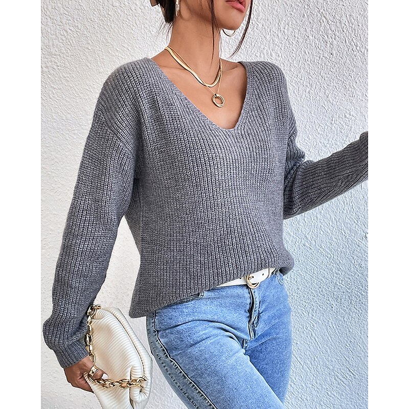 Women's Sweater Pullover Streetwear Sexy Solid Color V Neck Lace Patchwork Knitted Long Sleeve Regular Tops Knit Outdoor Daily Holiday Black Blue Fall Winter4