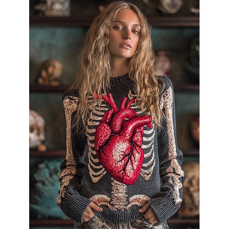 Halloween Women's Sweater Skeleton  Cute Streetwear Casual Graphic Skeleton Crew Neck Patchwork Knitted Long Sleeve Regular Tops KnitBlack Red Fall Winter2