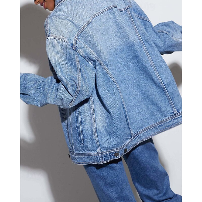 Women's Denim Jacket Comfortable Pocket Buttons Casual Plain Vacation Going out Weekend Regular Turndown Loose Fit Long Sleeve Outerwear Black Blue Spring Fall4