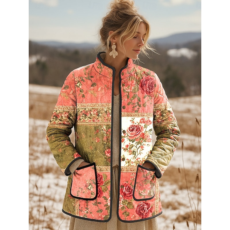 Women's Winter Jacket Quilted Jacket Warm Lightweight Print Active Vintage Cute Artistic Floral Casual Short Stand Collar Regular Fit Long Sleeve Outerwear Pink Fall Winter