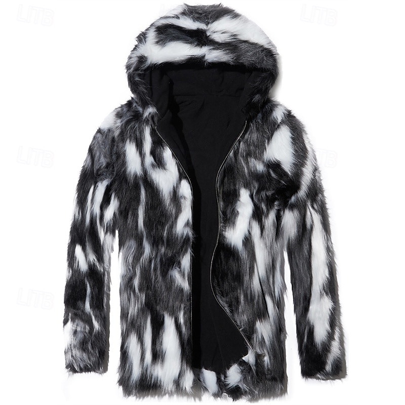 Men's Winter Jacket Casual Jacket Faux Fur Coat Vacation Daily Thermal Warm Pocket Fur Winter Leopard Print Fashion Streetwear Hooded Regular Black Jacket2