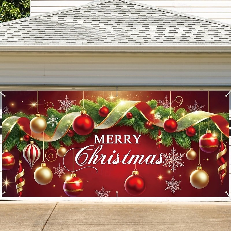 Christmas Outdoor Garage Door Cover Merry Christmas Ornament Balls Holiday Large Tapestry Backdrop Party Wall Decoration For Outdoor Garage Door Home Christmas Festival Celebration Decor
