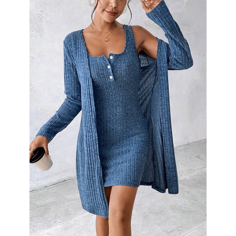 Women's Sweater Dress Sweater Co-ords Casual Soft Pure Color Ribbed U Neck Buttons Knitted Long Sleeve Long Tops Knit Outdoor Daily Weekend Black Blue Fall Winter