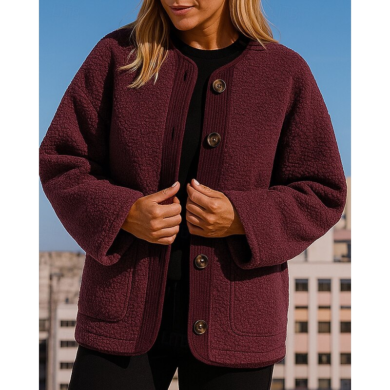 Women's Winter Coat Polar Fleece Jacket Buttons with Pockets Long Sleeve Top Athleisure Fall Solid Colored Warm Hiking Outdoor Travel Sportswear Activewear Wine Red Black White3