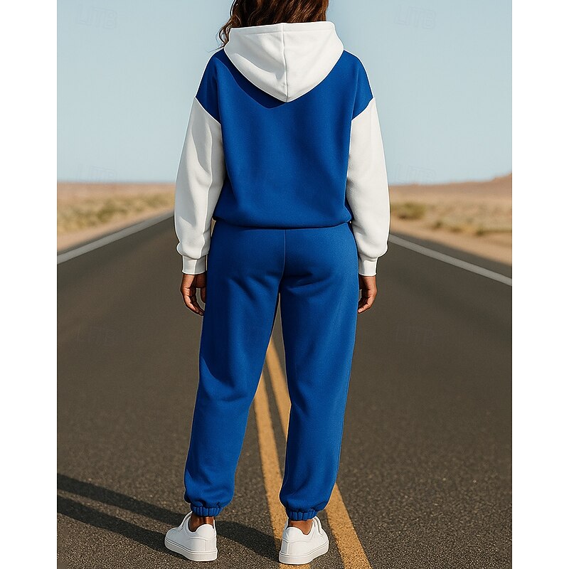 Women's 2 Piece Tracksuit Lounge Hoodie Sweatsuit Sets Baggy with Pocket Color Block Clothing Suit Fall Black Blue Hiking Vocation Outdoor Long Sleeve Sport Activewear Micro-elastic Regular Fit2