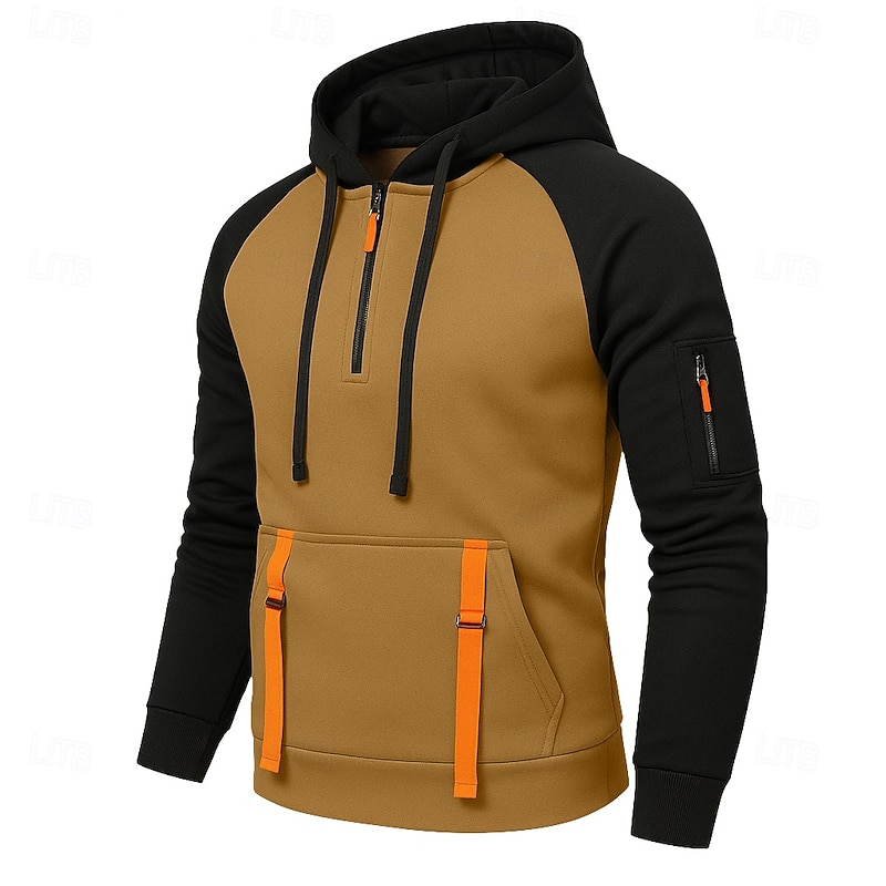 Men's Hoodie Quarter Zip Hoodie Fleece Hoodie Tactical Hoodie Black Khaki Dark Gray Hooded Plain Patchwork Zipper Color Block Sports & Outdoor Casual Daily Streetwear Cool Sportswear Spring &  Fall