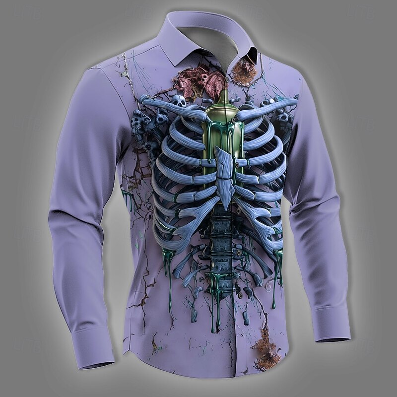 Halloween Men's Skull Skeleton Horror Shirt Button Up Shirt Long Sleeve Dark Gothic Style Holiday Streetwear Spring Fall Turndown 3D Print Collared Shirts Blue Purple Green Khaki2